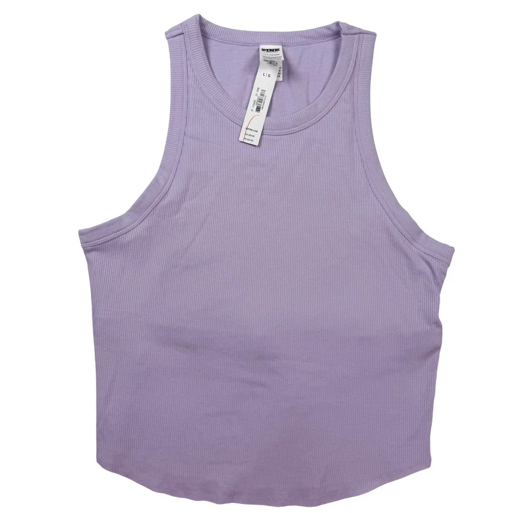Victoria's Secret PINK Ribbed Shelf Bra Tank Top Women L Purple NEW High Neck - Picture 1 of 9
